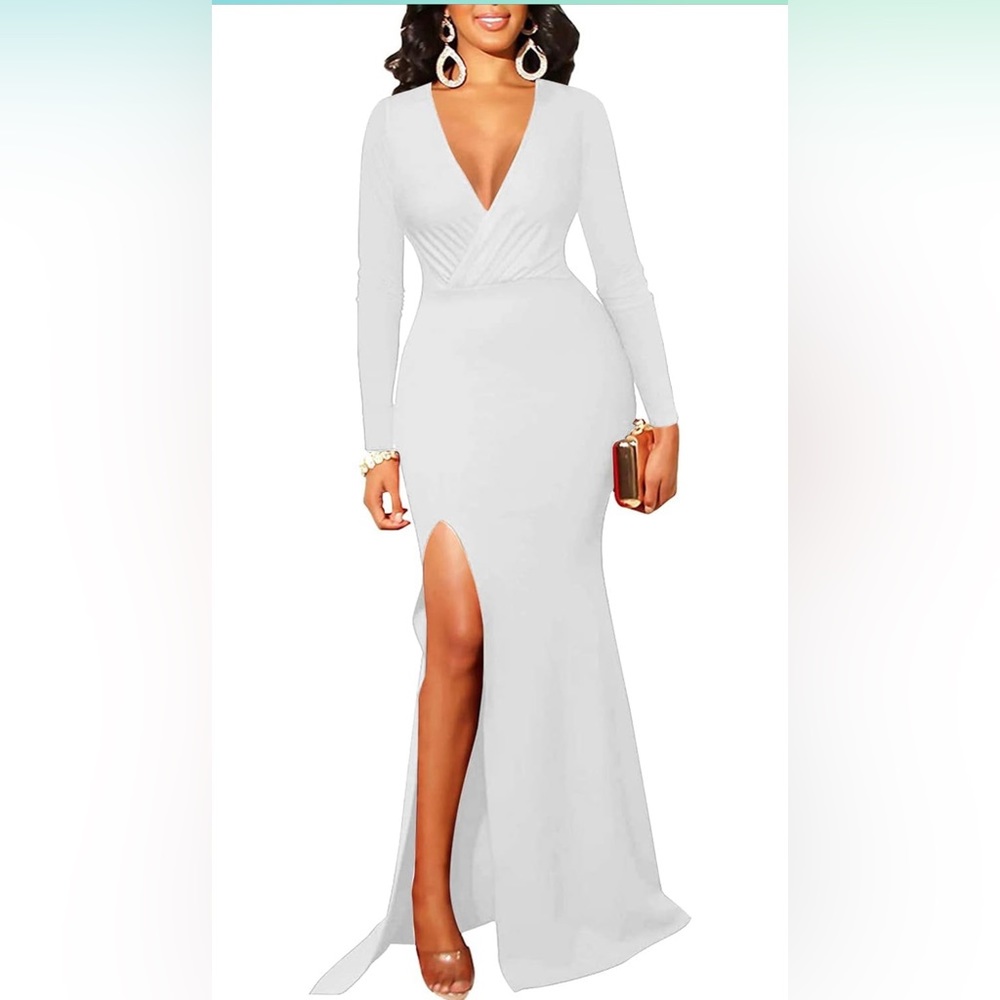 White Long Sleeve Maxi Dress with Side Split